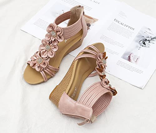 Beuthoem Wedge Sandals For Women Dressy Casual Summer Flower Cute Comfy Wedges Heels Beach Sandal Pink 10 #TOP3