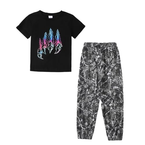 Togrielan 6-11T Boy Outfits 2-Piece Fashion Camouflage Short-Sleeved T-shirt Camouflage Cargo Pant Teen Boys Clothing Size11 12