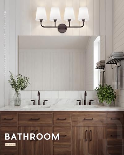 Image of Bathroom Light Fixtures, 4 Light Oil Rubbed Bronze Vanity Lights with Flared White Fabric Shade, 28 Inch Wall Sconce, Vintage Sconces Wall Lighting for Hallway Bedroom, VL837-ORB-4