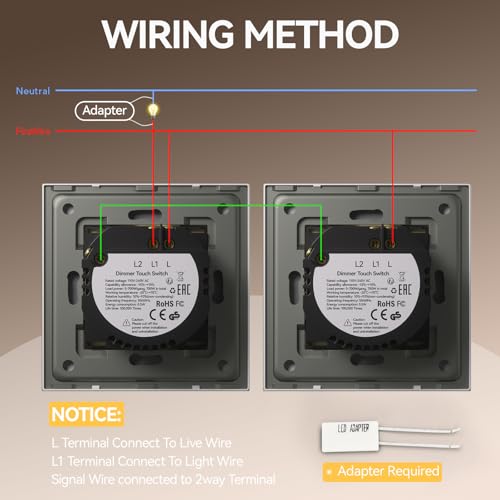 BSEED DimmSchalter f&uuml;r LED-Lampen, Touch Lichtschalter aus Glas, Non-wifi Schalter 300W 240V f&uuml;r eine perfekte Listimmungsvolle, 1 Fach 2 Wege Gold