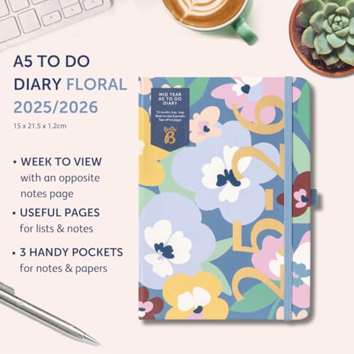 Busy B A5 Diary - Mid-Year Academic Planner - Aug '25 - Aug '26 - Floral Print Journal Cover - Weekly Planner with To-Do Lists, Notes, Week-to-View, 3 Pockets, Year Planner & Elastic Closure - immagine 3