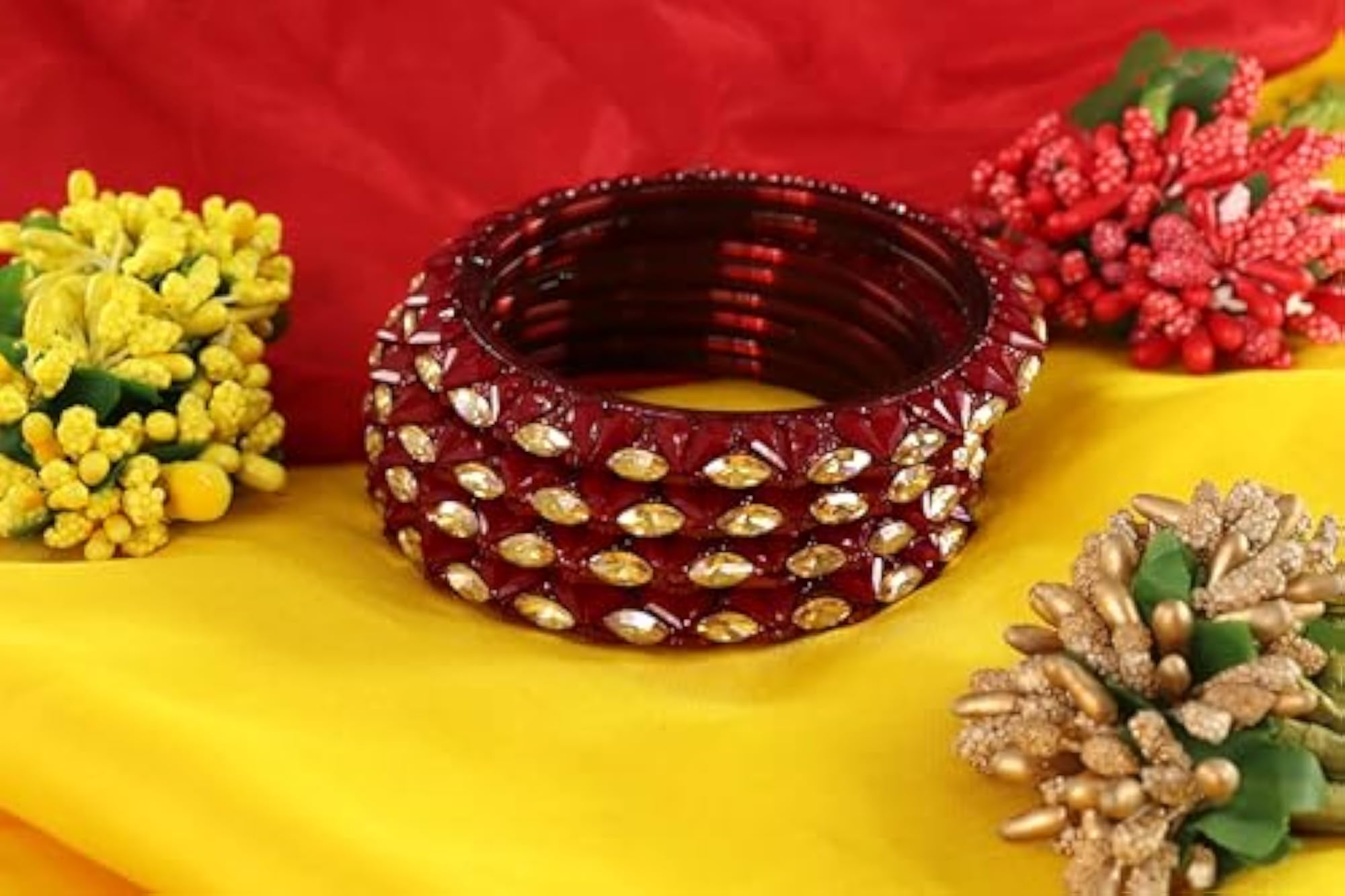 Glass Kada Set with Diamond Stone Heart, Elegant Bangles