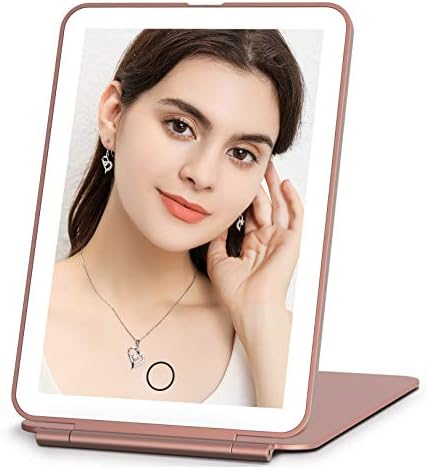 Rechargeable Makeup Vanity Mirror with 72 Led Lights, Lighted Travel Portable Light up Beauty Mirror, 3 Color Lighting, Dimmable Touch Screen, Tabletop Desk LED Foldable Cosmetic Mirror with Lights