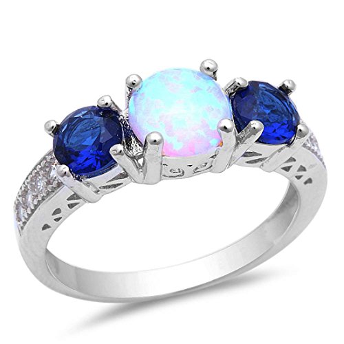 3 Stone Engagement Ring Round Created White Opal Simulated Blue Sapphire CZ Accent 925 Sterling Silver