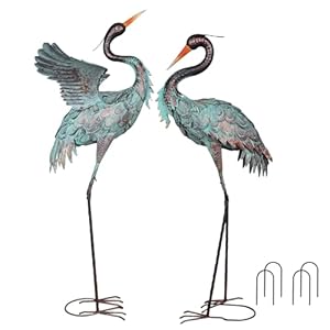YEAHOME Garden Decor Outdoor Statues, 38″/36″ Large Metal Heron Standing Yard Art, Blue Crane Lawn Sculptures Garden Decor for Outside Patio Porch Backyard, Set of 2