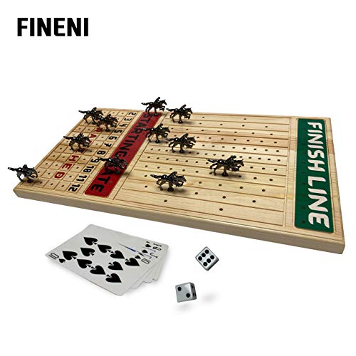 Fineni Horse Racing Board Game With Luxurious Durable Metal Horses, 11 Pieces, Black Metal Horses, Real Pine Wood Horseracing Game Board, Dice And Cards #TOP2