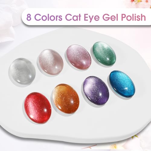 ROSALIND 8PCS Cateye Gel Polish with Magnet Stick - Magnetic Cat Eye Gel Nail Polish Sparkle Diamond Effect Magic Magnetic Glitter Soak Off Led Nail Art DIY Salon