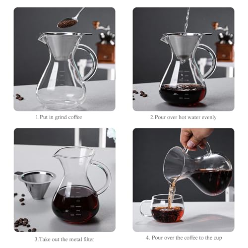 Ailelan Pour Over Kaffeebereiter, 400ml Glas Kaffeekanne mit Filter und Hitzebeständigem Griff, Pour Over Coffee Maker Handbrüh Kaffeebereiter für bis zu 2 bis 3 Tassen für Baristas Hause und Café