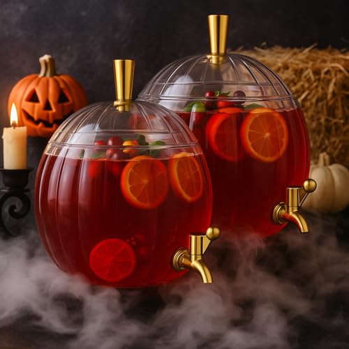 FillTouch 2 Pack 1.3 Gallon Pumpkin Drink Dispensers for Fall Thanksgiving Party Supplies Plastic Beverage Juice Dispenser with Spigot for Autumn Halloween Kitchen Decoration Favor(Clear)