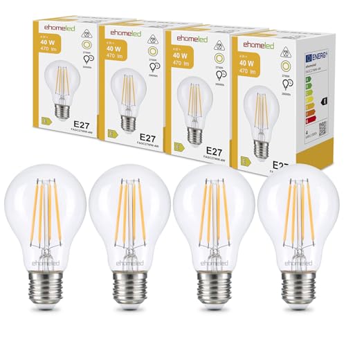 ehomeled E27 LED Edison Glühbirne Vintage Warmweiß (2700K), Klares Glas & Filament, 470 Lumen 4W (=40W), Retro LED Birne, Energiesparend, Ideal für Wohnzimmer, Schlafzimmer & Deko, 4er-Pack