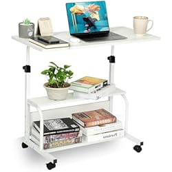 JANDTEK Mesa Ordenador portatil con Ruedas - Mesa Auxiliar 60x40cm - Mesa Ordenador pequeña portatil con estantería Inferior - Escritorio Altura Regulable - Mesa Escritorio portatil (Blanco 1)