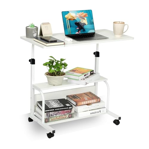 JANDTEK Mesa Ordenador portatil con Ruedas - Mesa Auxiliar 60x40cm - Mesa Ordenador pequeña portatil estantería Inferior - Escritorio Altura Regulable - Escritorio portatil (Blanco 1)