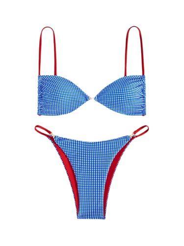 MakeMeChic Women's Gingham Bikini Set Push Up Tie Backless Thong Bathing Suit Swimsuit