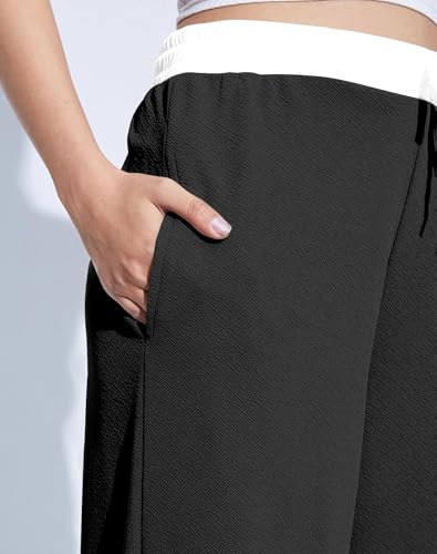 Image of Mehrang Wide Leg Drawstring Pants, with Contrast Waist Band || Casual Lounge Wear Side with Pockets, High Waisted, Relaxed Fit Trouser for Women