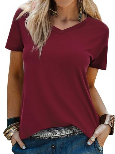 Wayleb Haut Femme Été Tee Shirt Manches Courtes Col V T-Shirt Basique Coupe Ajustée Top Élégant Décontracté Couleur Unie