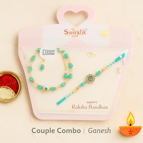 Image of King Kalai Rakhi for Brother with Coaster, Kumkum & Chawal | Traditional Beaded Thread Rakhi with Royal Kalai Thread | Raksha Bandhan Gift Hamper