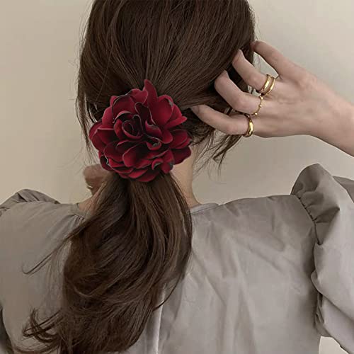 Handmade Solid Rose Flower Hair Ties，Korean Fashion Hair Rope，Elastics Hair Ties Stretchy Rubber Hairband Slim Headband Scrunchies Ponytail Holder Ring Loop For Women Girl (Wine Red Headband) #TOP5