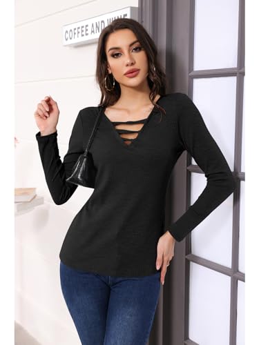 Poetsky Women's Fall Long Sleeve Tunic Tops Sexy V Neck Shirts Casual Criss Cross Ribbed Knit Tee Slim Fitted Blouse2