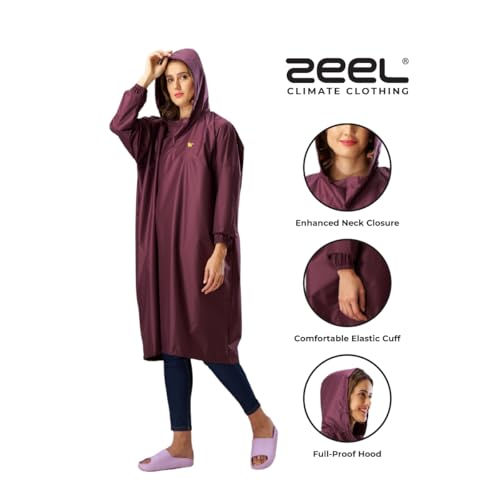 Image of ZEEL Unisex Outdoor Rain Poncho for Adult, Waterproof, Lightweight & Packable, Polyester Pullover Full Sleeves Hooded Rainwear, Raincoat for Camping, Hiking, Travelling (AZ33, Free Size, Wine)