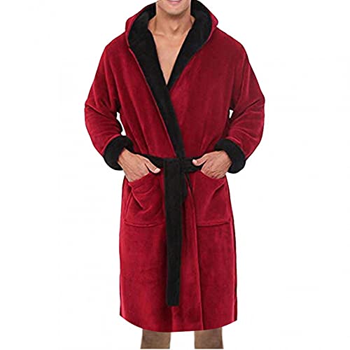 Men Winter Bathrobes Soft Fleece Plush Robe with Hooded Full Length Winter Warm Sold Long Bathrobe Spa Hotel Robes Red