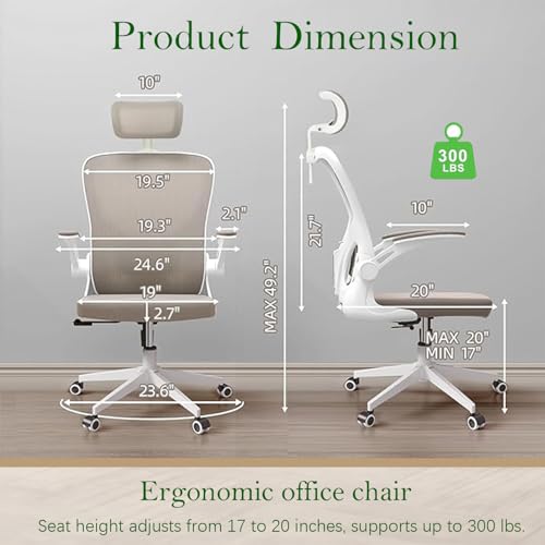 Image of Office Chair (06Khaki, Chair) | 360 Swivel Adjustable Lumbar Support & Flip-Up Armrests capacity 300 lbs capacity
