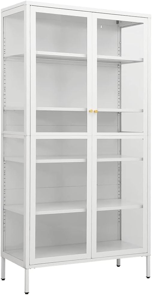 White Steel Display Cabinet with Tempered Glass, Large Vertical Locker Storage Cabinet for Home, Adjustable Shelves, Wall-Mountable Storage Cupboard