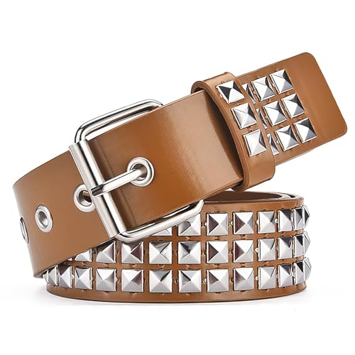 Studded Belts For Men Women Punk Rock Belts Rivet Belt Metal Pyramid Stud Belt PU Leather Belt Gothic Waist Belt Khaki3