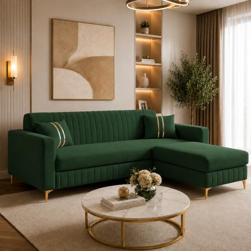 Casaliving Oliveira 4 Seater L Shape Convertible Sofa Set for Living Room, 3 Seater & Ottoman Modular Sectional Couch for Small Space (Green) Fabric
