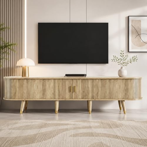 Image of OLIVIBED TV Stand Cabinet with 2 Doors and 2 Drawers, elevision Console Table for TVs up to 70 inch, Modern Entertainment Cabinet with Storage for Living Room, Office and Bedroom, Wood color