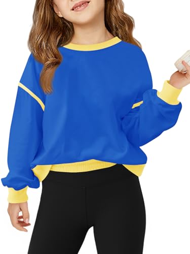 Haloumoning Girls Casual Crewneck Sweatshirts Long Sleeve Color Block Loose Fit Fall Cute Pullover Tops 5-14 Years Royal Blue