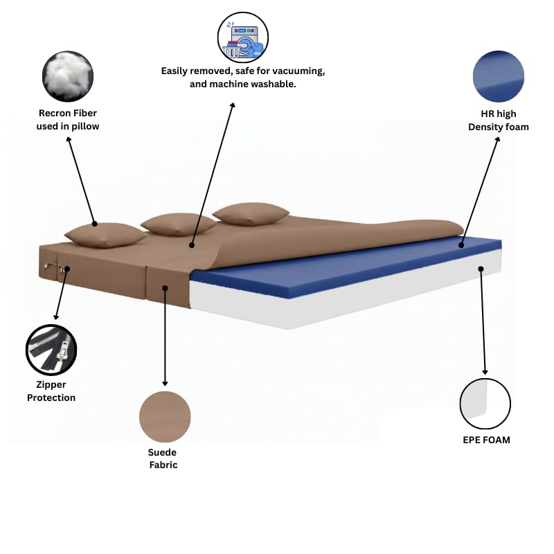 Image of AMATA Instant 3 Seater Foldable Sofa Cum Bed Camel Suede Velvet Fabric with 2 Pillow Perfect for Home Living Office Room and Guests (3 Year Warranty) (Camel, Instant 3 Seater Sofa Cum Bed)