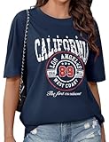 CMTOP Camisetas Manga Corta Mujer Talla Grande Verano Camiseta Algodón Oversized T Shirts Cuello Redondo Loose Estampado Camiseta Casual Suelta tee Shirt Tops (Azul Marino, M)