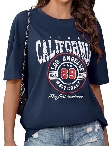 Image of CMTOP Oversized T Shirts Women Crew Neck Short Sleeve Summer Tops Women's Cotton Letter Printed T-Shirts Casual Loose Graphic Tee Shirts Tunic Tops (Navy Blue, L)