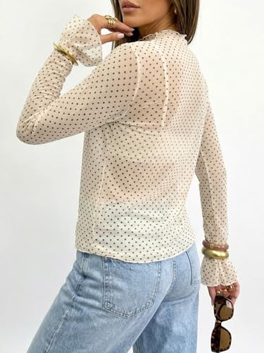 Tankaneo Womens Mesh Polka Dot Tops Bell Sleeve High Neck Summer Casual Blouse Trendy Loose Fit Y2K Going Out Tee Shirts Off-White — view 3