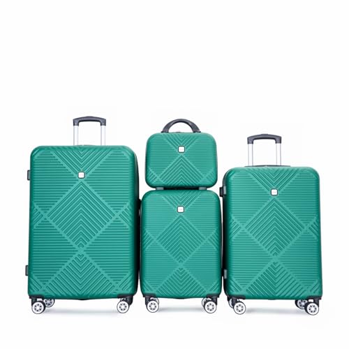 4-Piece Abs Lightweight Suitcase Set: 14 Inch Makeup Box, 20/24/28 Inch Luggage, 360° Spinner Wheels - Dark Green