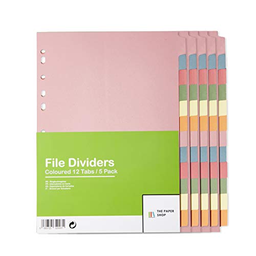 [5 Pack] A4 File Dividers 12 Part | A4 Subject Dividers 12 Part Card Folder Dividers Multi Hole Punched in Assorted Colours | Fit All A4 Portrait File Dividers (5)