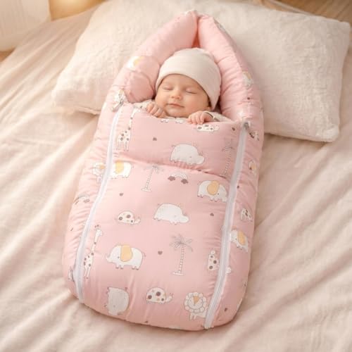 Image of VoiDrop 3 in 1 Baby Sleeping Bag /Baby Bedding Set for New Born, Baby Bed for New Born /Very Soft & Comfortable 0-12 Months /Foldable & Washable Cotton-Pink Desgin