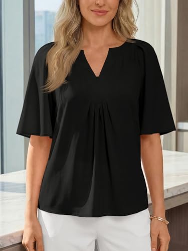 Cicy Bell Womens Summer Blouses Bell Short Sleeve V Neck Babydoll Flowy Tops Dressy Casual Loose Fit Beach Pleated Shirts Black — view 4