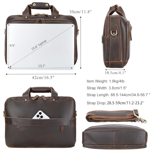 Masa Kawa Leather Briefcases Laptop Bag for Men for 15.6 inch Computer Vintage Brown Crossbody Shoulder Messenger Bags, Business Travel Office Work Teacher Organizer Professional Brief Case Handbag3