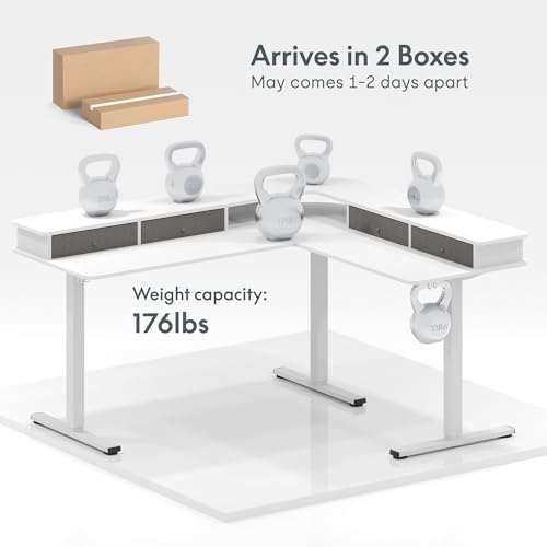 Image of FLEXISPOT 63 inch L Shaped Standing Desk with Shelf Electric Corner Table, Drawers, Adjustable Computer Workstation for Home, Office,63x55in, White Top + White Frame