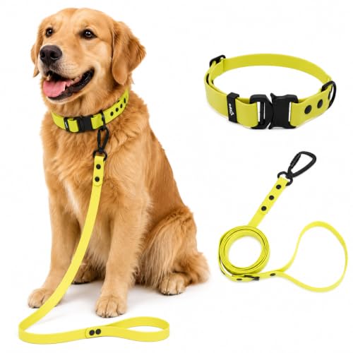 Image of Adil'S Waterproof Leash and Collar Combo Set - Adjustable & Breathable Biothane Collar with Leash Suitable for Medium & Large Size Dogs (Lease 5Ft), Lemon Yellow, L