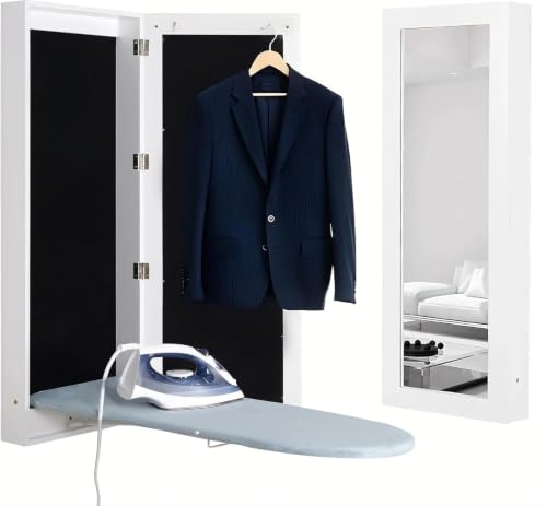 GLSCASA Slim Wall Mounted Ironing Board Cabinet with Mirrored Door White
