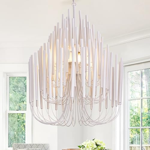 TOCHIC Modern Farmhouse Chandelier for Dining Room 21", Small Vintage White Wood Chandeliers Light for Living Room, Rustic Pendant Lighting Fixture Ceiling Hanging for Foyer Bedroom Entryway