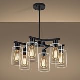 6-Light Modern Farmhouse Black Chandelier, Dining Room Light Fixture Over Table Adjustable Height Hanging Industrial Pendant Lights Kitchen Island, Clear Glass Shade