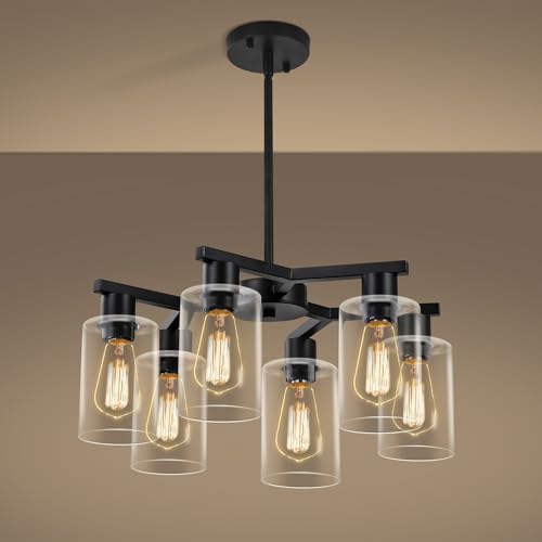 6-Light Modern Farmhouse Black Chandelier, Dining Room Light Fixture Over Table Adjustable Height...