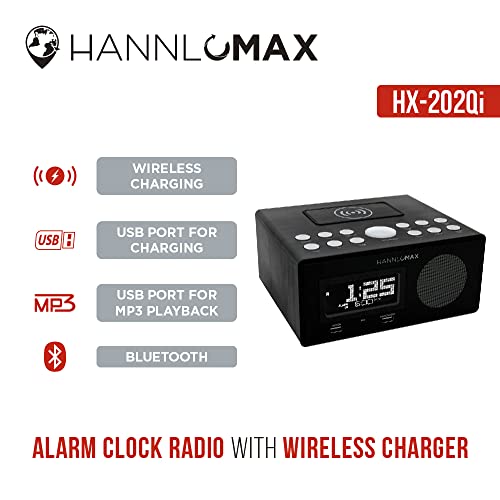 Hannlomax Hx-202Qi Alarm Clock Radio, Wireless Charging, Bluetooth, 10W Output Power, Dual Usb Ports For Charging And Mp3 Playback, Temperature, Nightlight, Time Zone, Aux-In(Black) #TOP5
