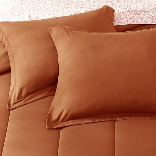 Image of Monbix King Size Comforter Set - 7 Pieces Bed in a Bag King, Burnt Orange Track Stitching Bedding Sets, All Seasons Comforter Bed Set with Sheets