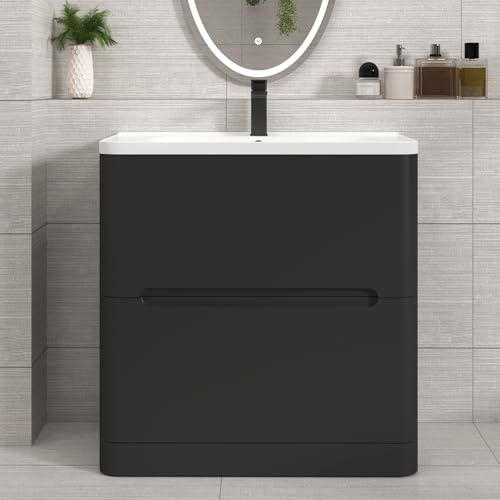 Image of Royal Bathrooms Venice 800mm Floor Standing Bathroom Vanity Unit With Basin | 1 Tap Hole Ceramic Bathroom Sink | Matt Black Finish | Soft Close Drawer Storage Cabinet