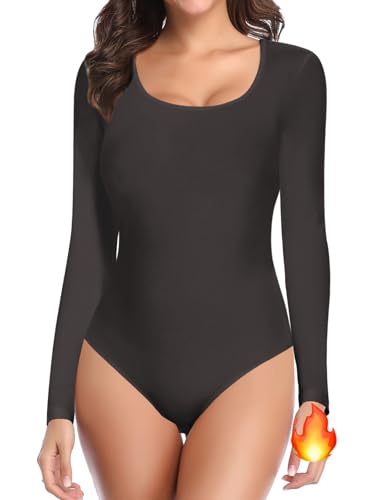 Image of SHAPERIN Women Long Sleeve Bodysuit Crew Neck Thermal Shirts Slim Fit Pullover T-shirt Top, Dark Grey, M