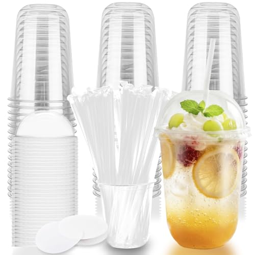 16oz Disposable Stemless Glasses With Dome Lids and Straws,PET Disposable Drinking Cups,Clear Plastic Wine Glasses for Parties Birthday,Wedding,Meeting,Christmas Party Supplies (50, Transparent)